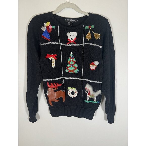 Vintage 80s Work in Progess Gladys Bagley Christmas Black sweater embellished M - Picture 1 of 11